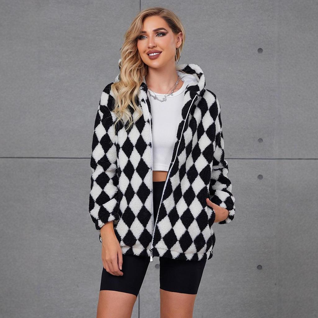 2022 European & American Women's Hooded Faux Fur Plaid Coat