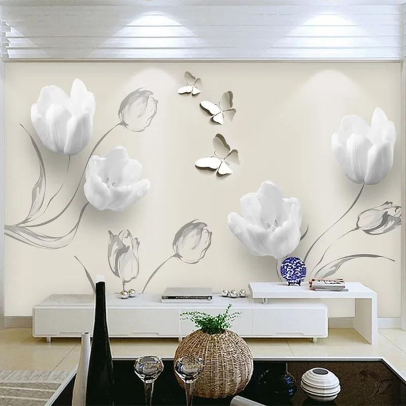 Papel Tapiz Moderno 3D Estéreo Tulipán Mariposa Flores Mural de Pared Moda Sala de Estar Decoración del Hogar Papeles de Pared Para 3D