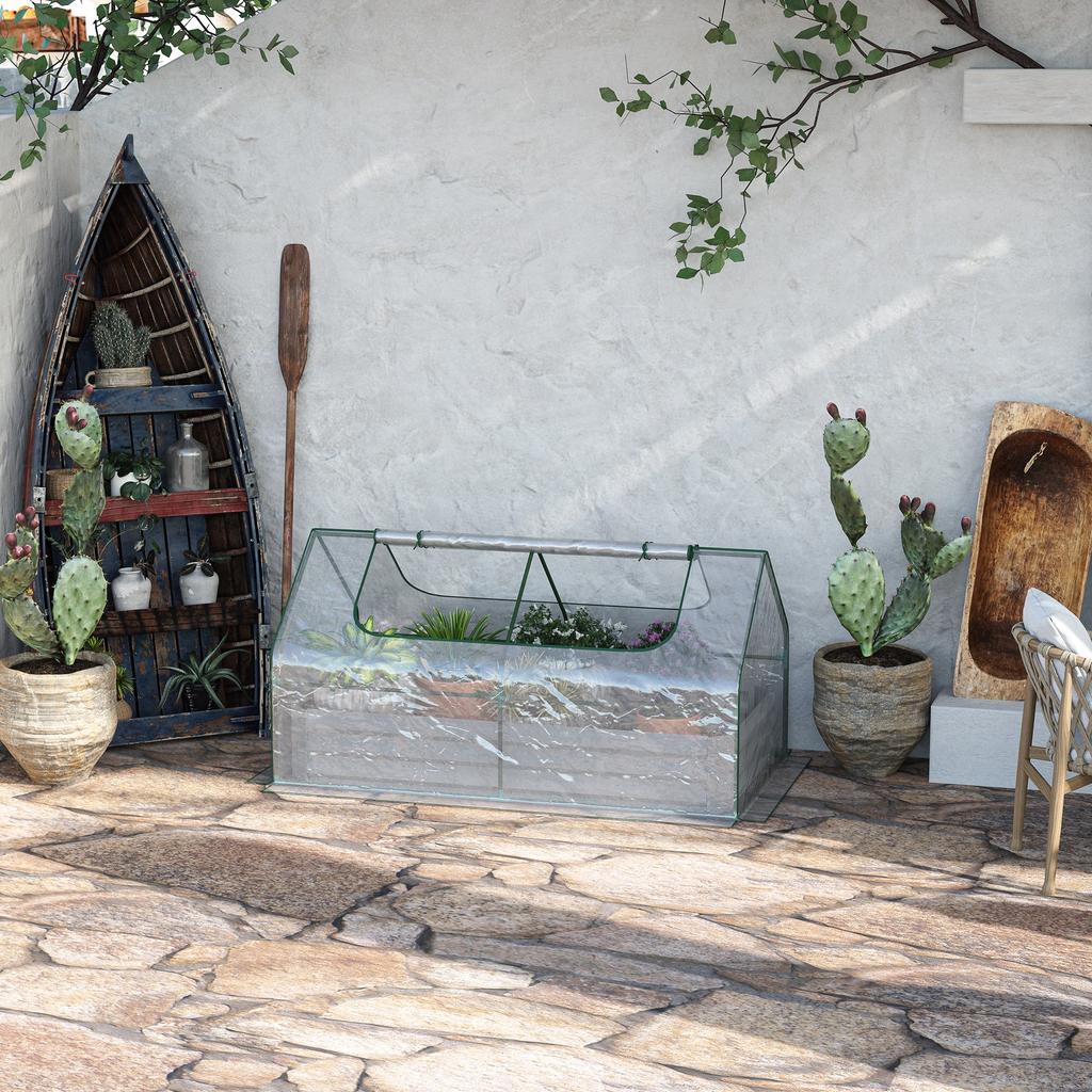 Raised Garden Bed with Greenhouse, Steel Planter Box with Plastic Cover, Roll Up Window, Dual Use for Flowers, Vegetables, Fruits and Herbs