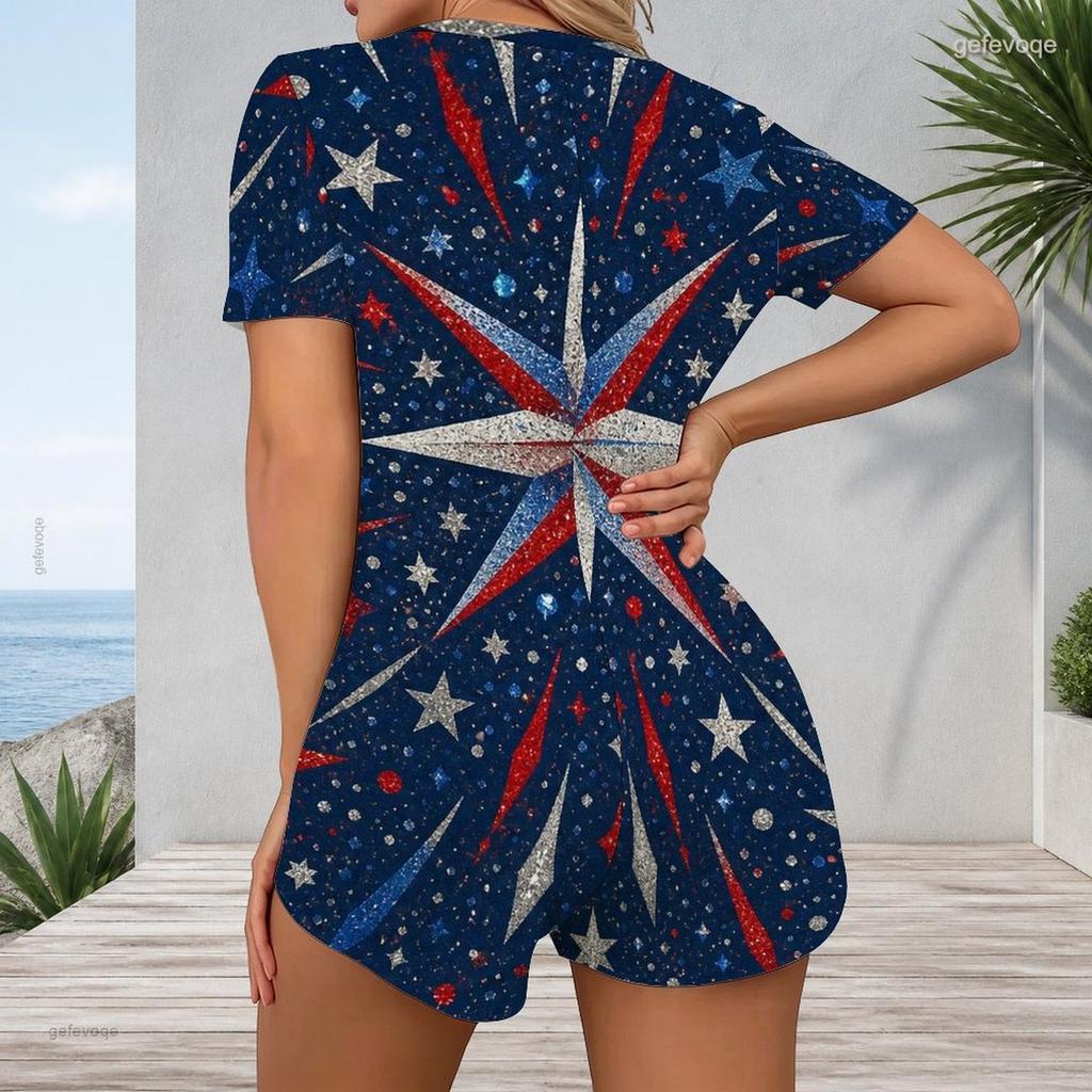 Women Plus Size White V Neck Short Sleeve Button Front Printed Romper