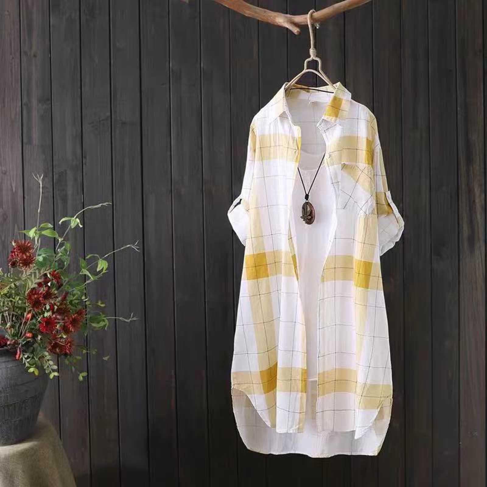

Women s Fashion Plaid Loose Casual Cardigan Thin Outer Shirt Sun Jacket Top L жовтий