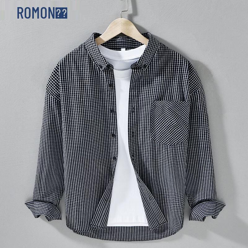 ROMON Men s Japanese Style Plaid Long-Sleeve Shirt XL