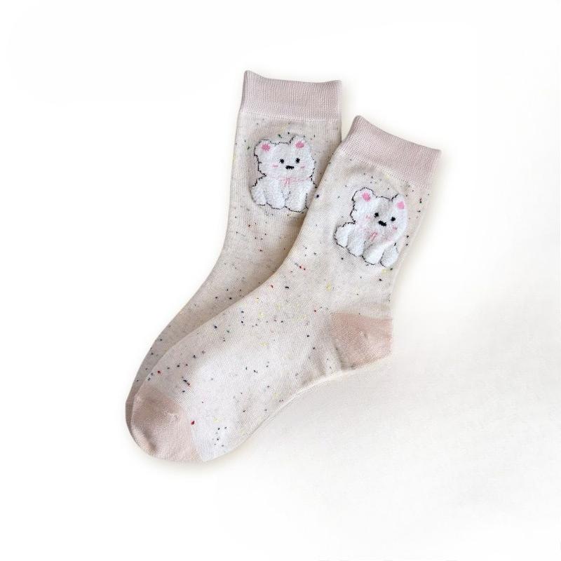 Female Spring and Summer Tie-in Color Yarn Lovely Cartoon Flock Puppy Tube Socks