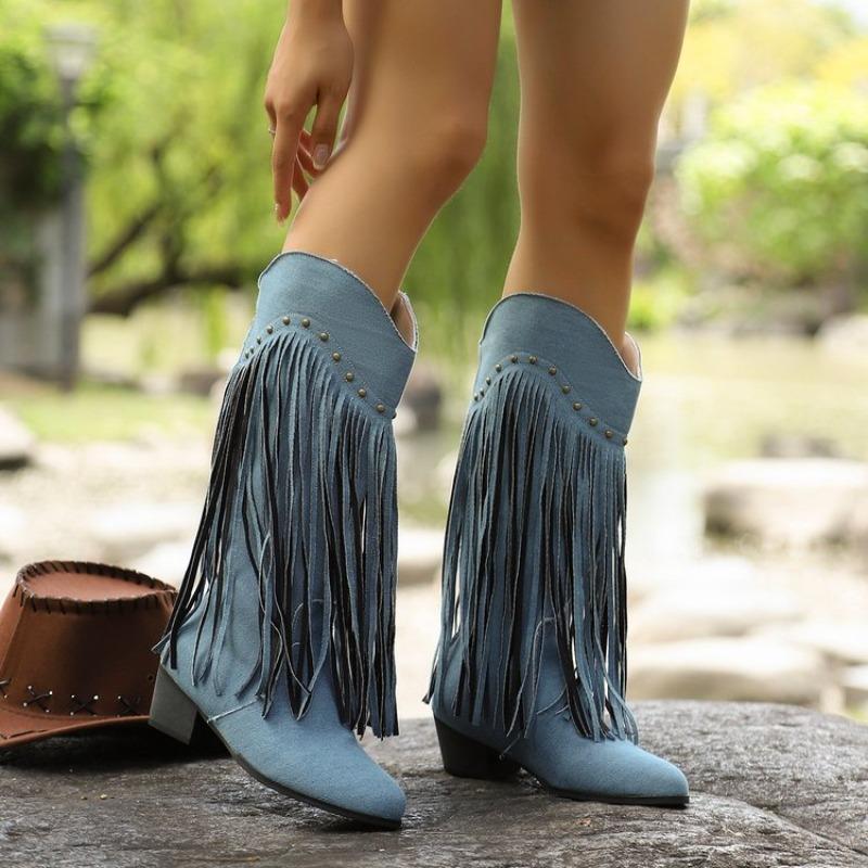 Fashion Fall New Mid-Tube Boots Fashion Pointed Toe Studded Tassel Non-Slip Wear-Resistant Rear Zipper Non-Slip Single Boots