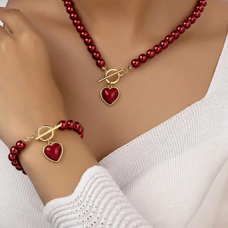 2PCS Immitation Pearl Necklace Bracelet Jewelry Set Elegant Love Pearl Color Pendant Natural Color Beads Collar for Girl Gifts