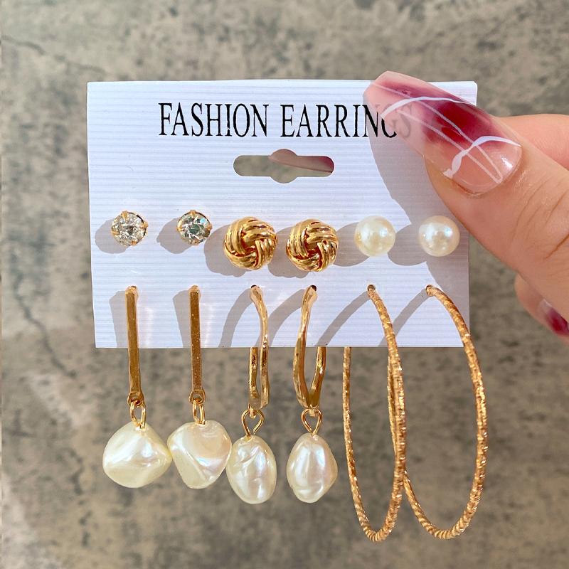 New Gold Color Big Circle Hoop Earring Set for Women Fashion Bohemia Vintage Pearl Earring Heart Zircon Ear Studs Jewelry Gifts