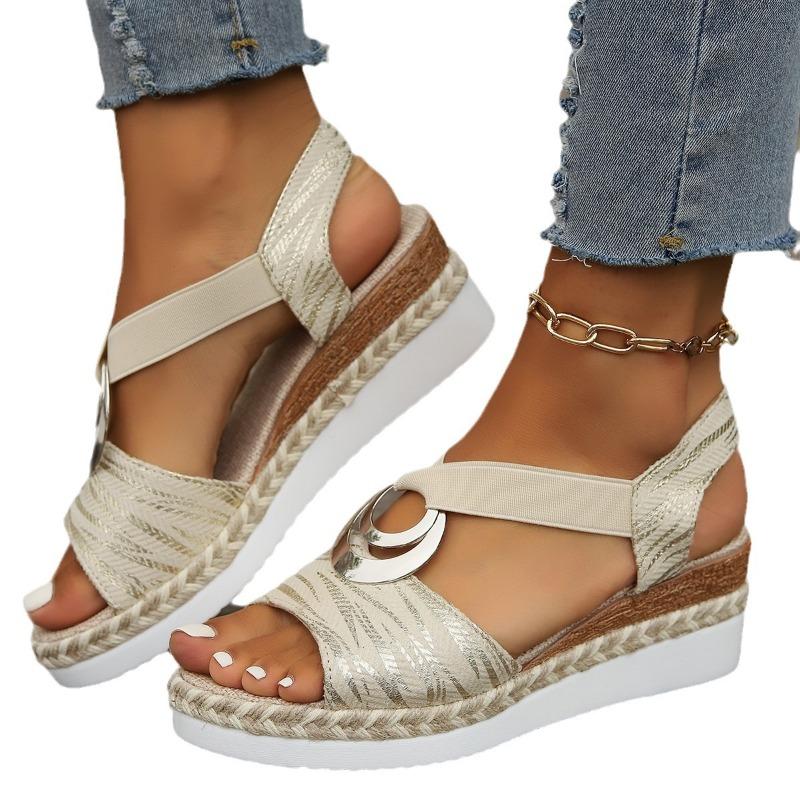 New Women's Wedge Sandals Rope Wedge with Metal Buckle Lightweight Platform Peep Toe Shoes