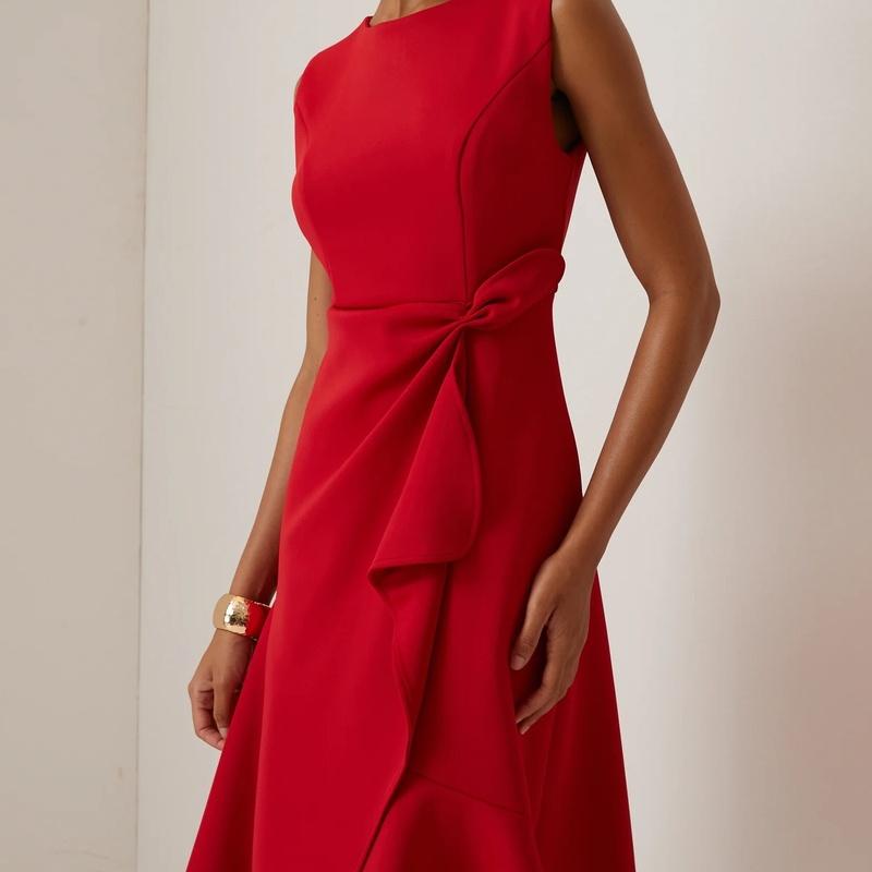 Women's Crew Neck Sleeveless Tie Waist Midi Dress A Line Elegant Casual Dress