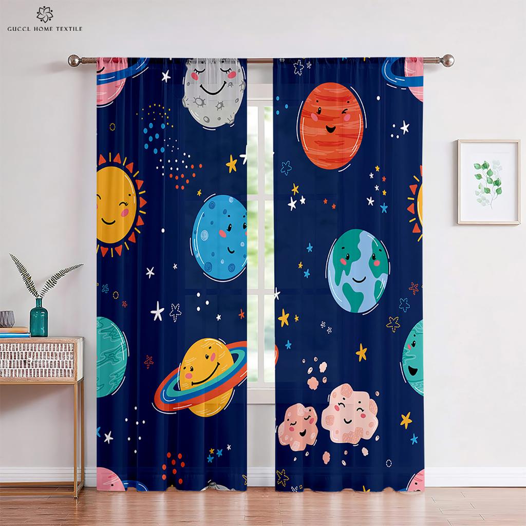 Custom Cartoon Animation Window Drapes, Universe Star Pattern, Bedroom, Living Room, Kitchen Decorative Curtains, 2 Pieces