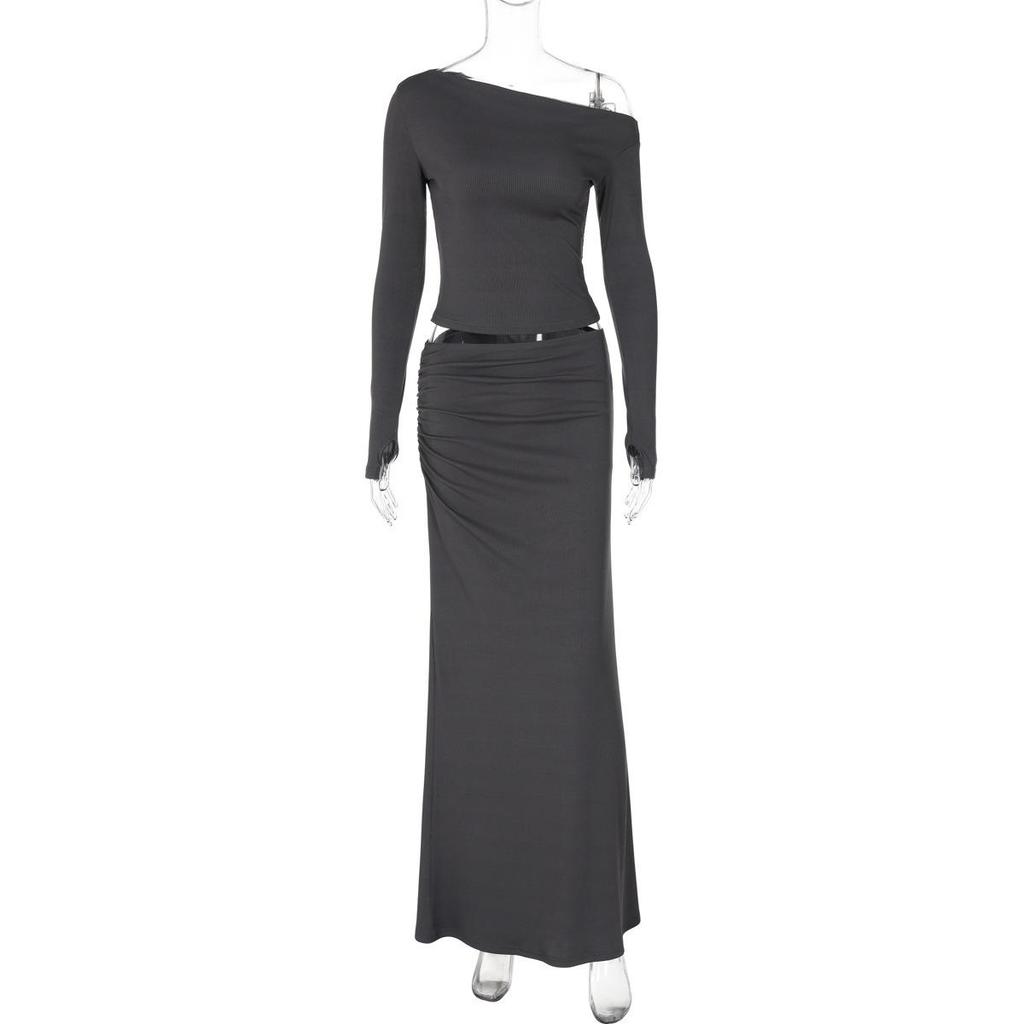 European & American Women's Sexy Fashion Fingerless Long Sleeve Top & Ruffled Midi Skirt Set