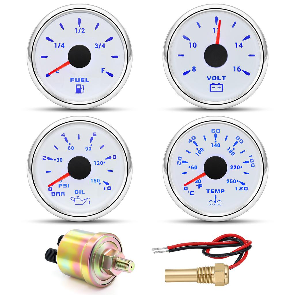 12V24V Universal 52MM 4 Gauge Kit with 2 Sensor Water Temperature + Oil Pressure + Fuel Level + Voltmeter For All Vehicle Marine