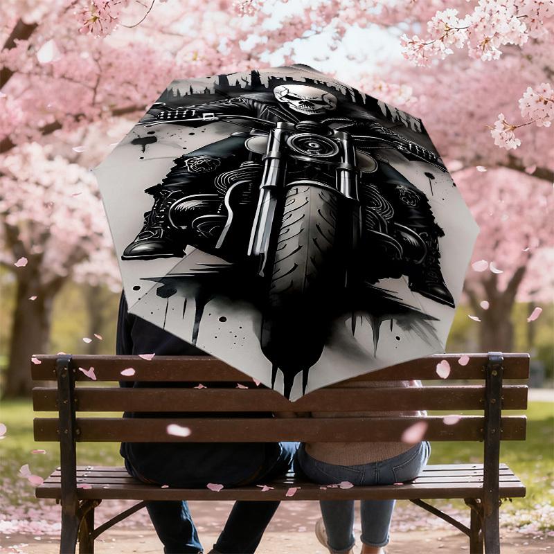 1pc Skull Biker Automatic Open/Close Umbrella Compact Folding Umbrella with 8-Rib Shaft for Women/Men, Elegant Birthday1211S