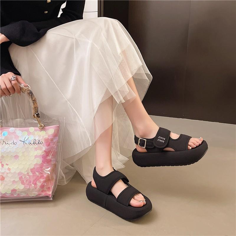 2025 summer new Velcro thick-soled muffin one-word sandals women wear one-pedal heightening casual beach shoes