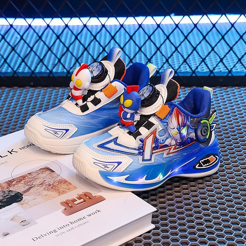 Dětské boty Chlapecké tenisky Podzim 2025 Nové svítící boty pro tátu Prodyšné Ultraman Chlapecké spínací přezky
