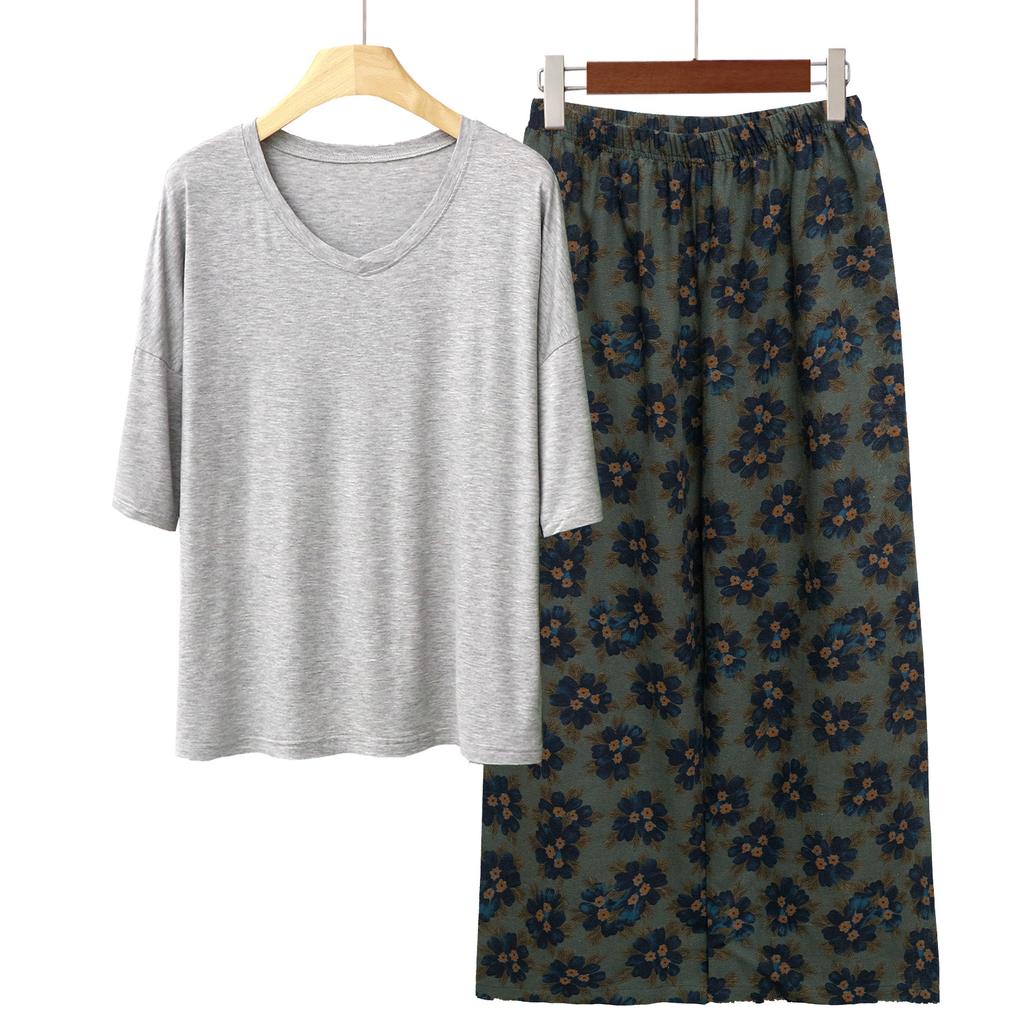 Pajamas Women's Spring and Summer New V-neck Short-sleeved Cotton and Linen Pants European and American Large-size Loungewear Two-piece Set