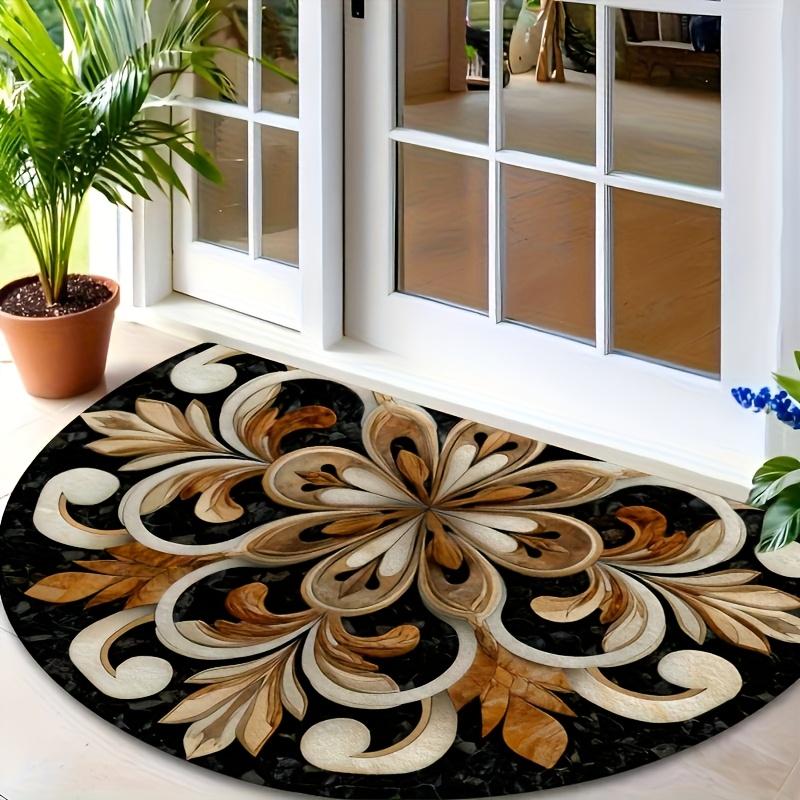 Elegante Tappeto Semicircolare Nero Bianco Marrone Morbido Antiscivolo Tappetino Decorativo Stampa 2D Tappeto Botanico per Decorazione Cucina Patio