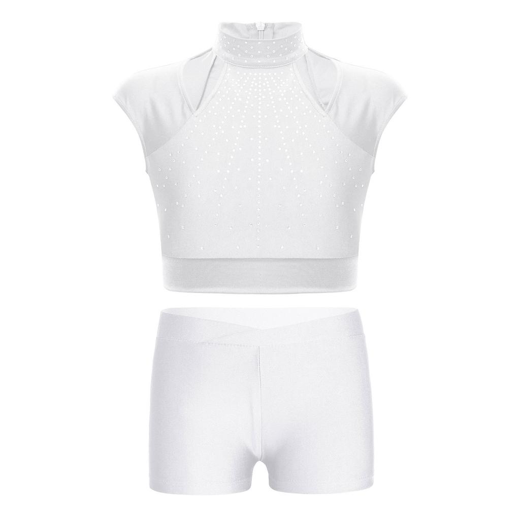 Girls Sleeveless Crop Top Shiny Rhinestones Cutout Design with V Front Waistband Shorts Dance Outfit