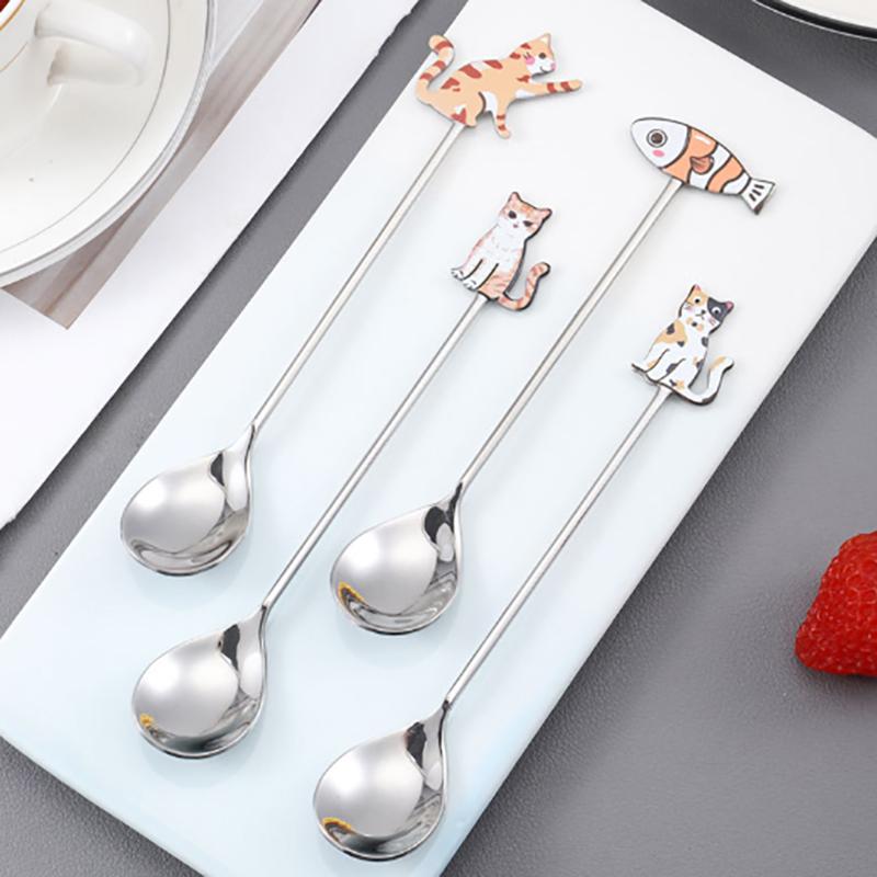 Cute Paintings Cat 304 Stainless Steel Spoon Hollow For Coffee Tea Dessert Spoon Kitchen Tableware Gifts For Students Children