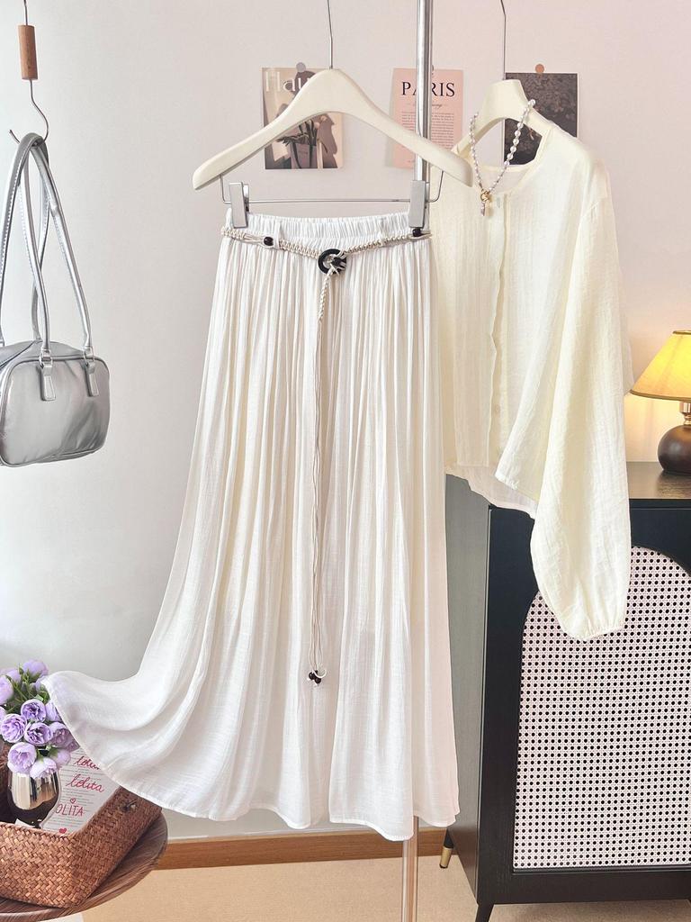 Bohemian High-Waisted A-Line Midi Skirt with Belt - Women's Flowing Slim Summer 2026 Style