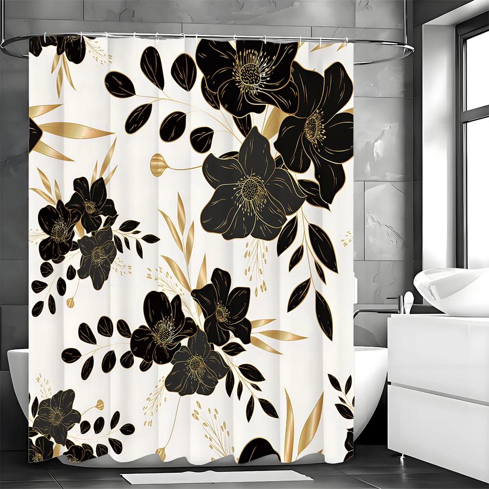 Elegant Black Gold Floral Shower Curtain: Luxurious, Nature-Inspired Bathroom Decor for Sophisticated, Glamorous Ambiance