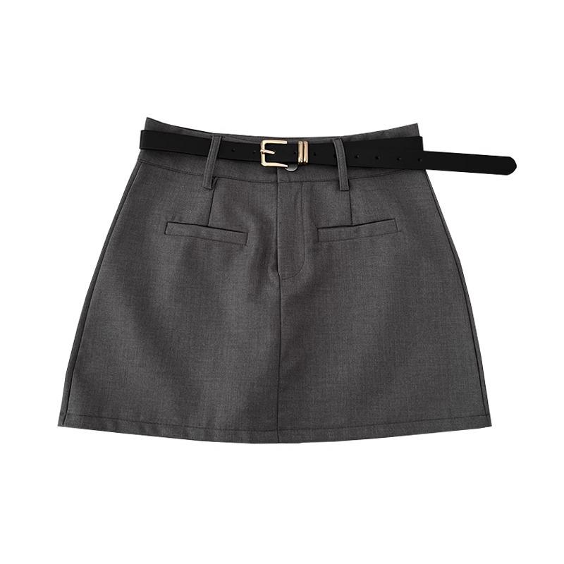 Women's High-Waisted Gray Slimming Skirt - 2024 Spring School Style Fashion, Anti-Exposure Hip-Hugging Skirt with Letter Design