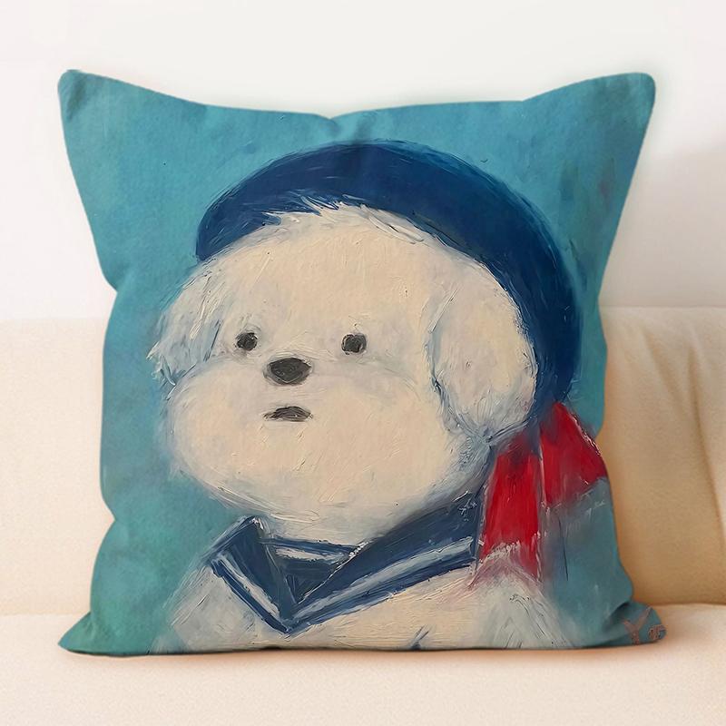 "Adorable White Fluffy Dog Oil - Painting Style Throw Pillow Cover"