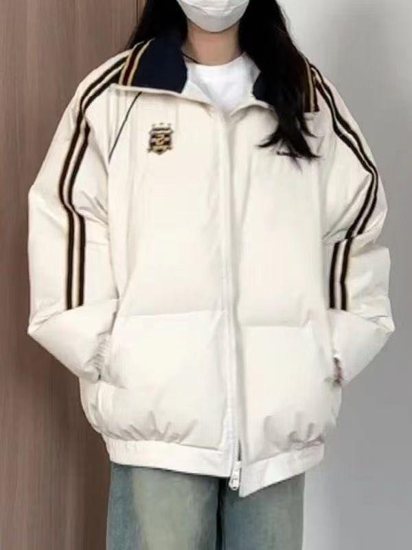 Colorblock Winterset: Lässiger Baumwollmantel im koreanischen Stil & Jeans mit Kordelzug für Studentinnen