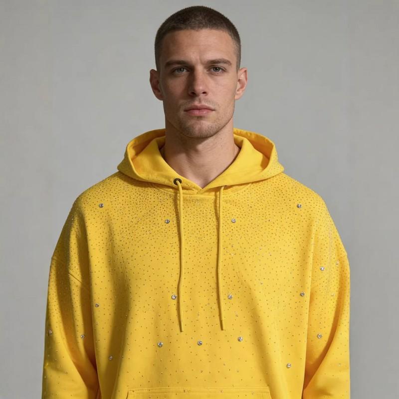 Street Style Yellow Hoodie Allover Rhinestone Star Design Cotton Pullover Men Women
