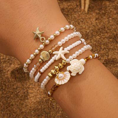 Mode Imitation Seestern Schildkröten Anhänger Armbänder Böhmisches Mehrschichtiges Reisperlenarmband Damen Täglich Party Sommer Zirkon