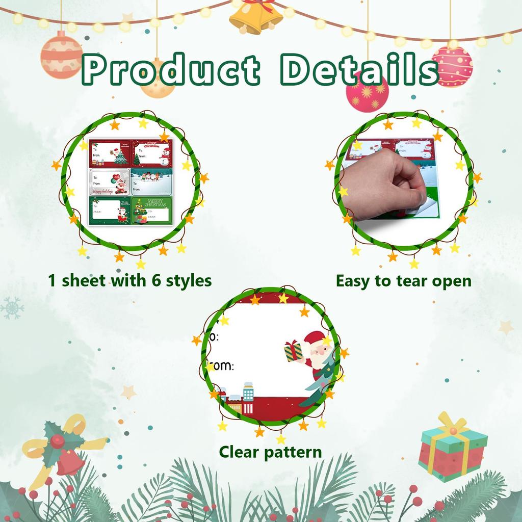10 sheets Christmas Stickers, 60 stickers Christmas Labels with Names for Gifts - Self-Adhesive Holiday Tags Holiday Decorations