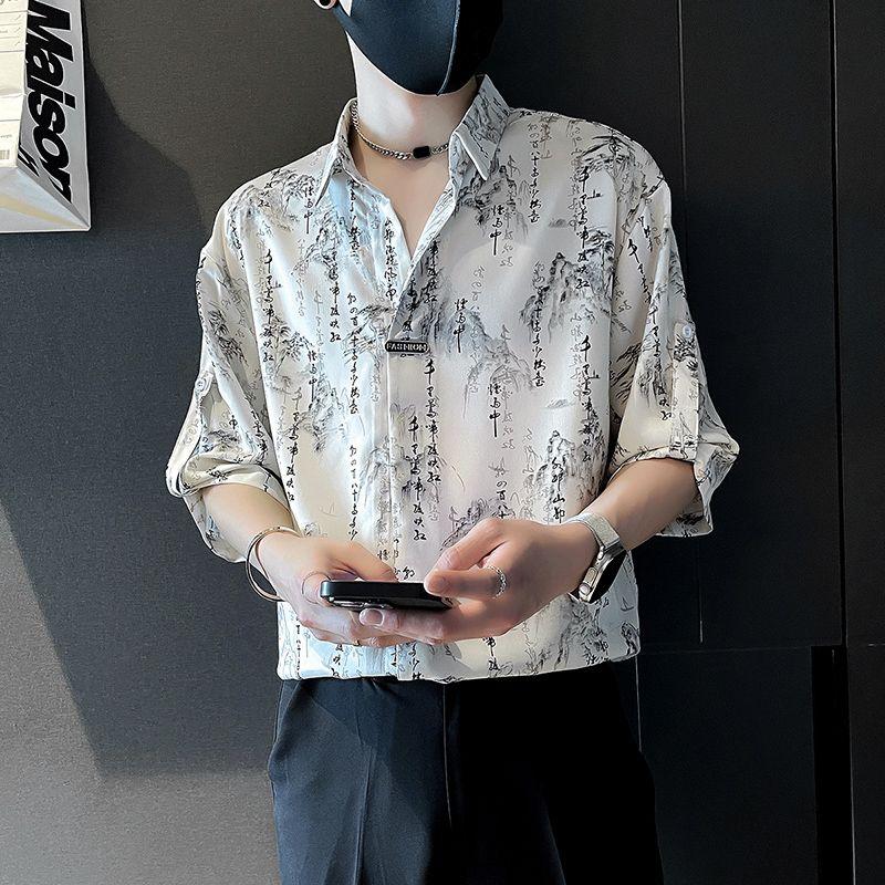 

Рубашки с принтом в китайском стиле, мужская одежда, отложной воротник, лето, винтаж, вставки, свободные, повседневные, с коротким рукавом 4XL чёрный