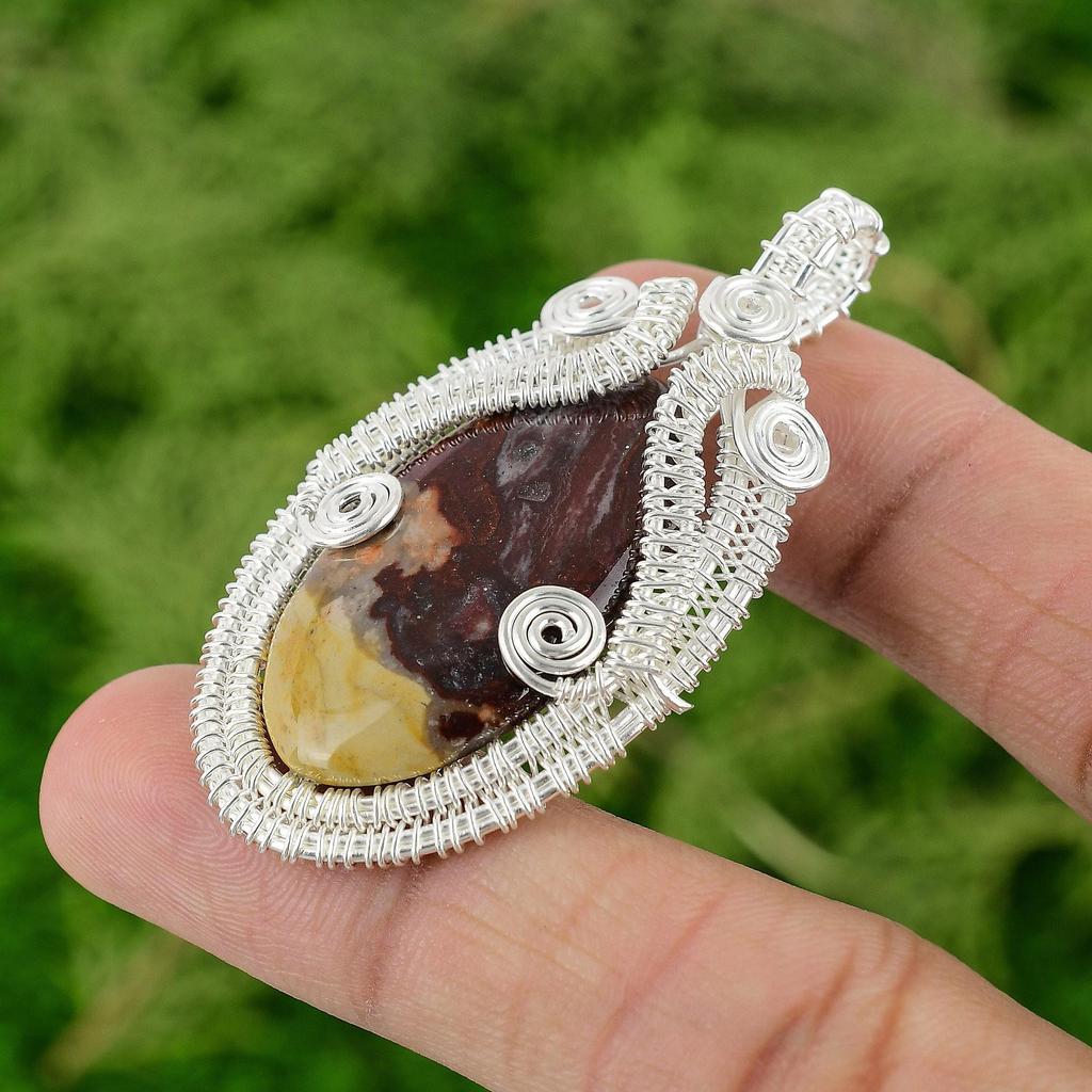 Sterling Silver Oval Natural Mookaite Trendy Wire Wrapped Unique Mother Pendant