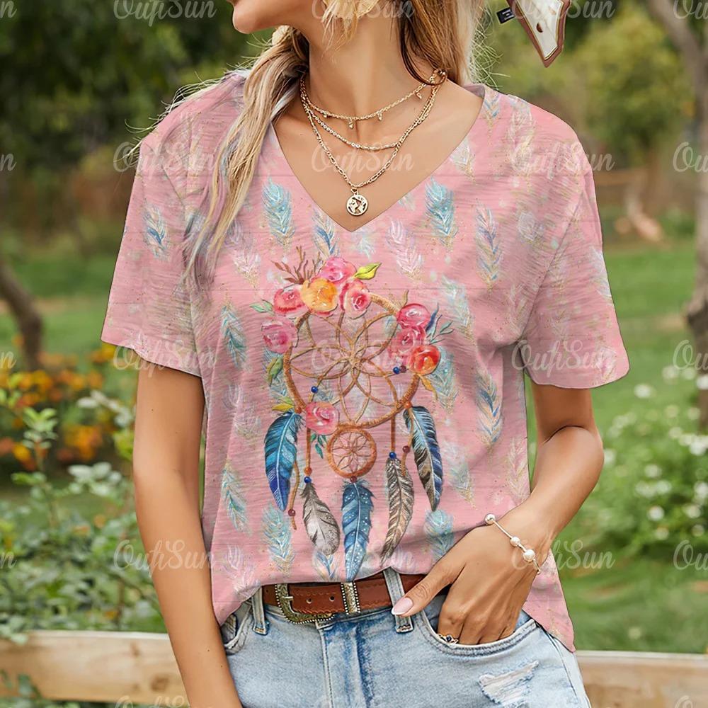 Women's T-shirt Summer V-neck Short-sleeved Top Fashion Feather Pattern 3d Printing Casual Daily Women's Clothing