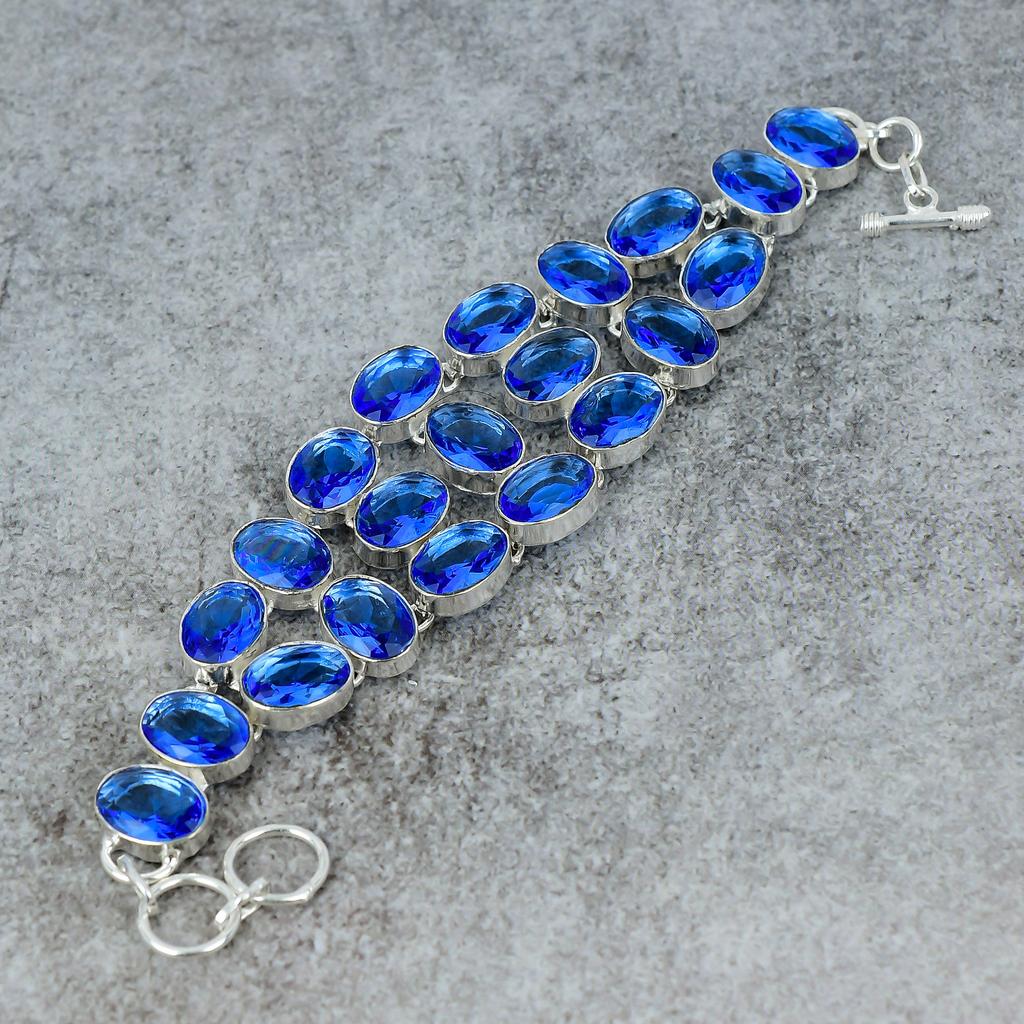 Tanzanite Quartz Gemstone Handmade 925 Sterling Silver Bracelet 7-8" M-300
