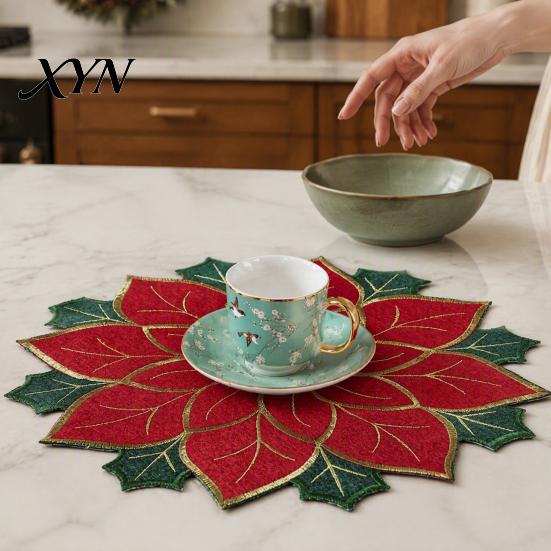 Seasonal Tableware for Kitchen Christmas Floral Leaf Placemat Dining Table, Decorative Polyester Fabric Table Reusable Linens Mats with Festive Leaves