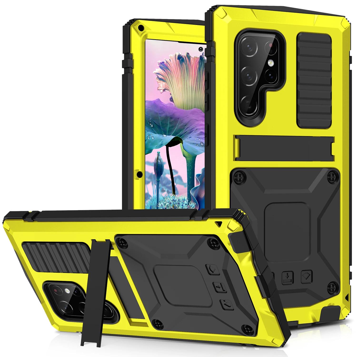 

Важкий металевий корпус Rugged Armor для Samsung S24 S23 S22 S21 Plus S20 Note 20 Ультраалюмінієва протиударна кришка Загартоване скло Підставка Galaxy Note 20Ultra&Case & Strap жовтий