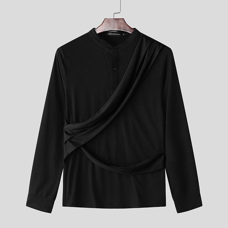 

INCERUN Мужские рубашки с длинным рукавом спереди и крестом, тонкие топы, хенли 3XL чёрный