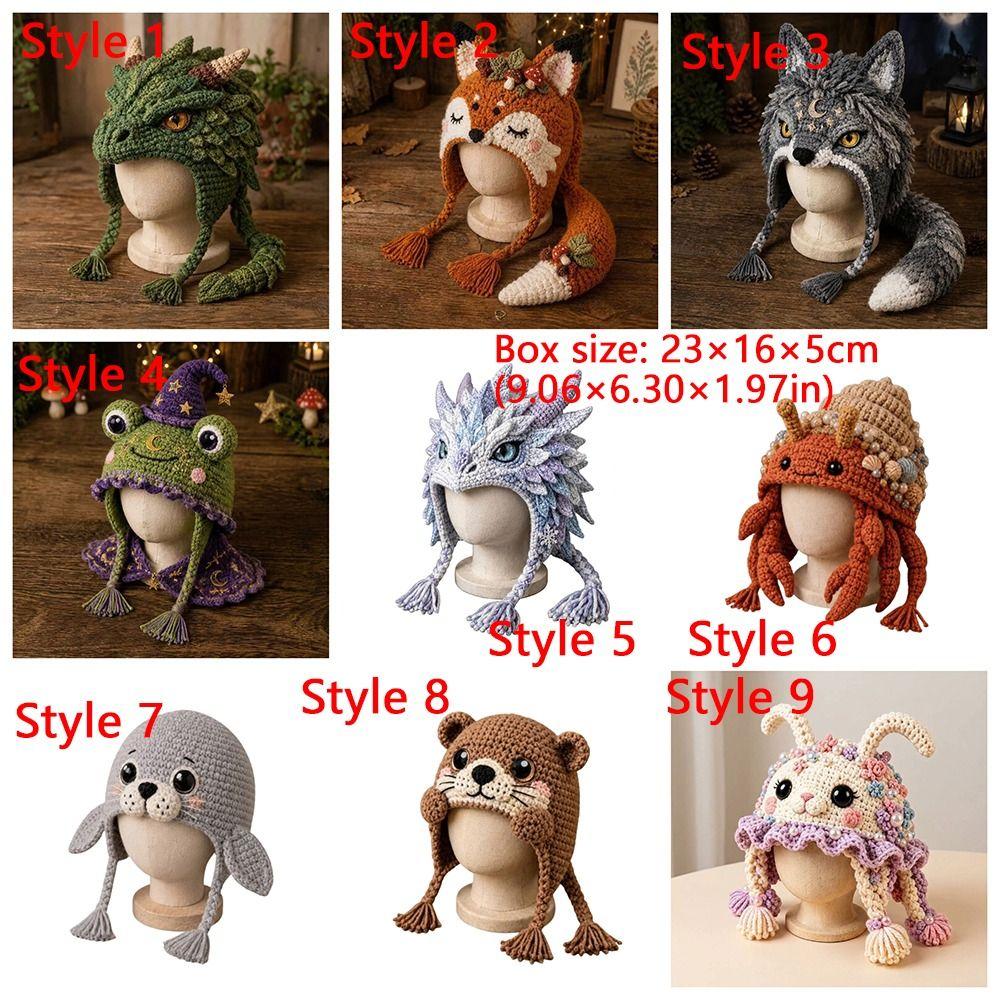 Warm Animal Hood Knitting Hat Adorable Woodland Animal Headwear Dragon Wolf Frog Hat  Party Cosplay