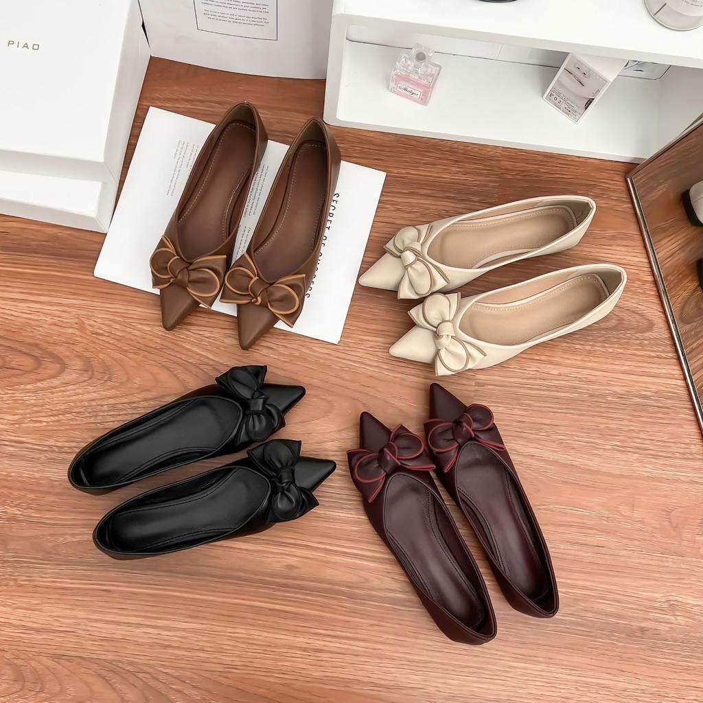 Bow pointed single shoes women's soft soles are not tired feet thick heels flat shoes light luxury comfortable soft leather work shoes versatile