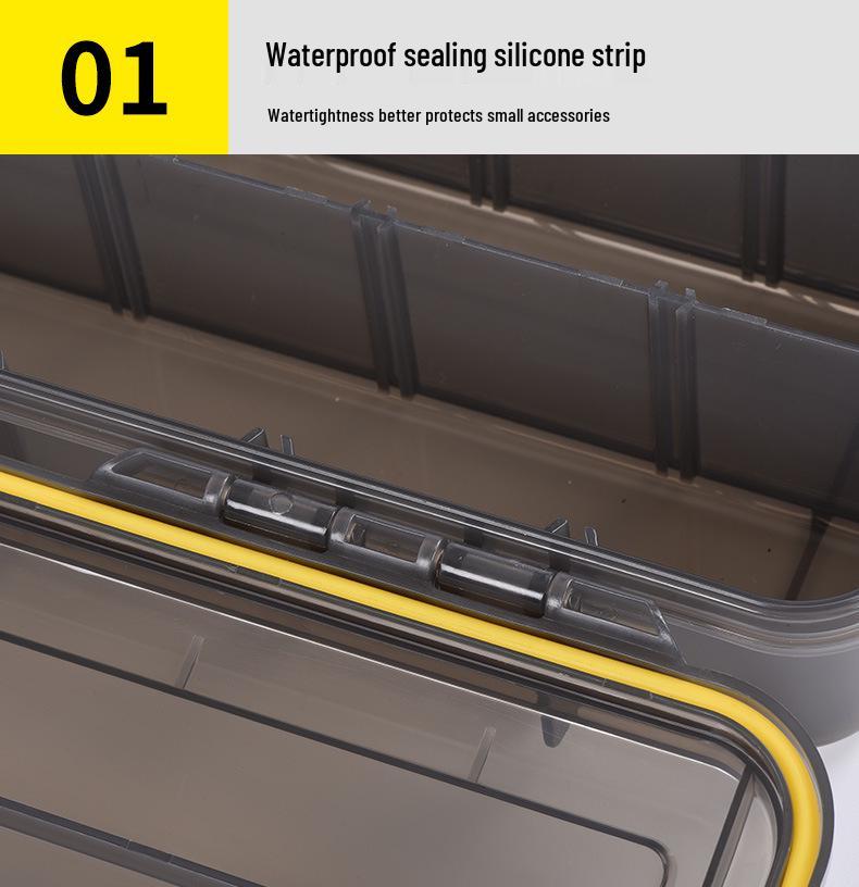 Wasserdichte Köderaufbewahrungsbox mit herausnehmbaren Trennwänden und großem Fassungsvermögen, gesichert mit Kombinationsschnallen für Angelzubehör.