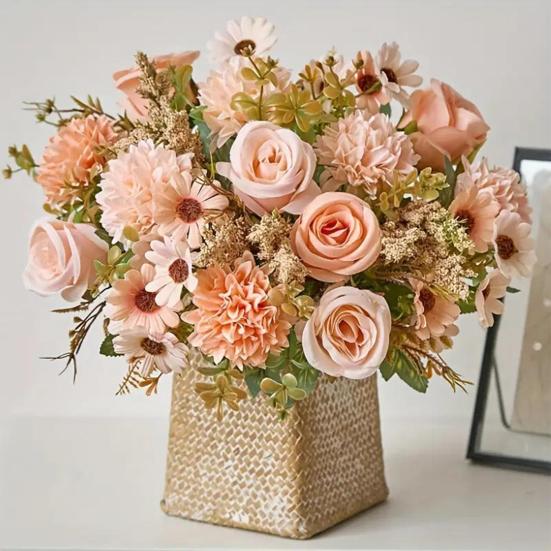 Artificial Rose Flower Bouquet Realistic Mixed Faux Rose Dahlia Chrysanthemum Ball Flower for Wedding Bridal Bouquets Table Centerpieces Baby Shower