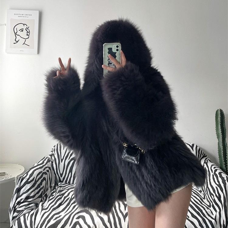 Autumn Winter Oversized White Black Warm Shaggy Hairy Faux Fur Coat Women with Hood Loose Casual Fluffy Jacket