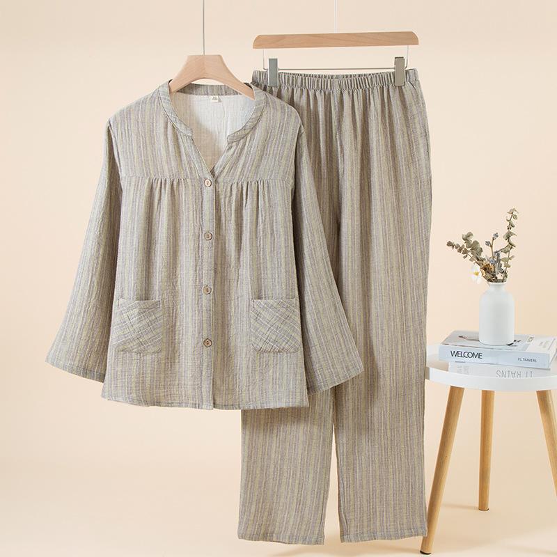 10 pure cotton double-layer gauze pleated texture couple long-sleeved pajamas loungewear plain and elegant leisurely set
