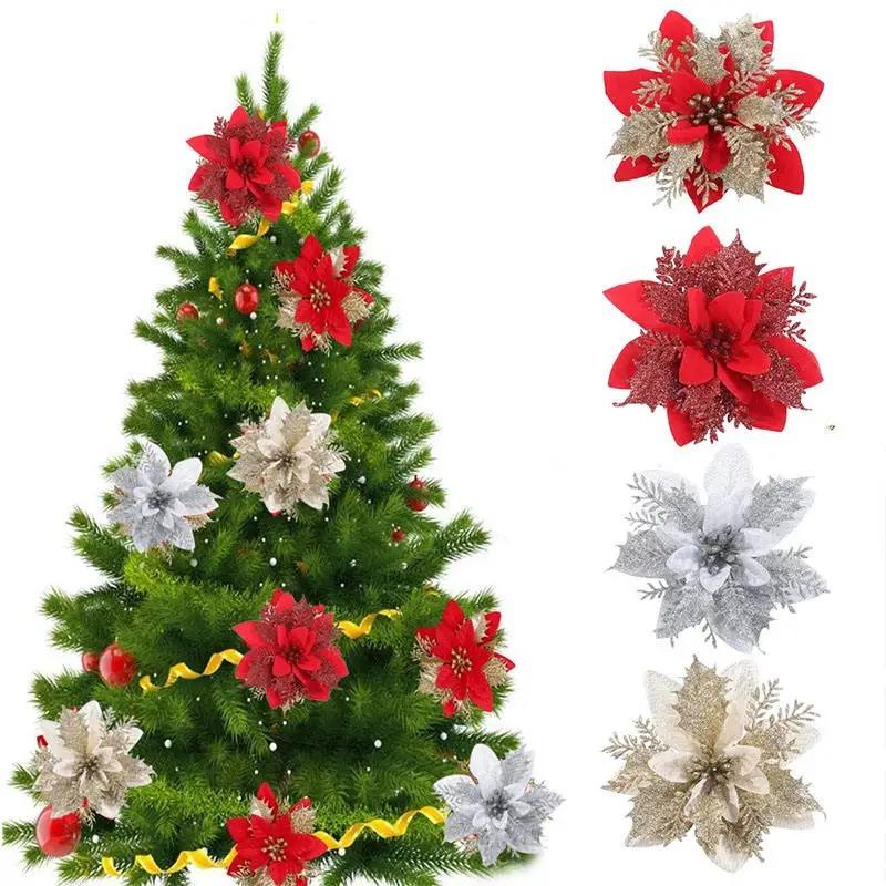 10PCS/Bag Christmas Flowers Glitter Artificial Poinsettia Floral Xmas Tree Ornaments DIY Garlands Home Wedding Party Decor