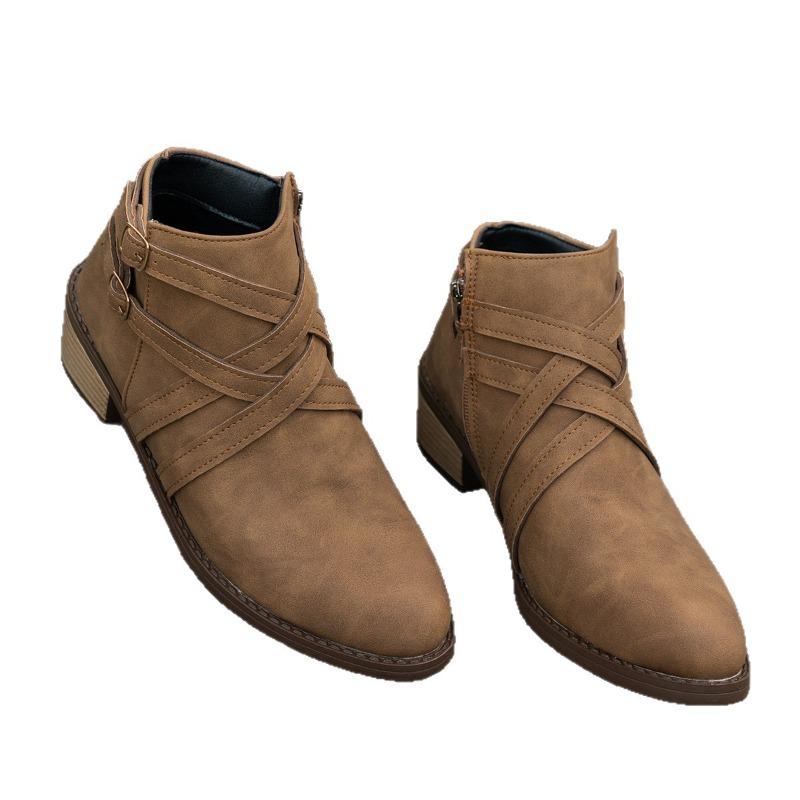 Pointed Toe Woven Martin Boots Women's Winter 2025 New Thick Heel Vintage Side Zipper Plus Size Booties