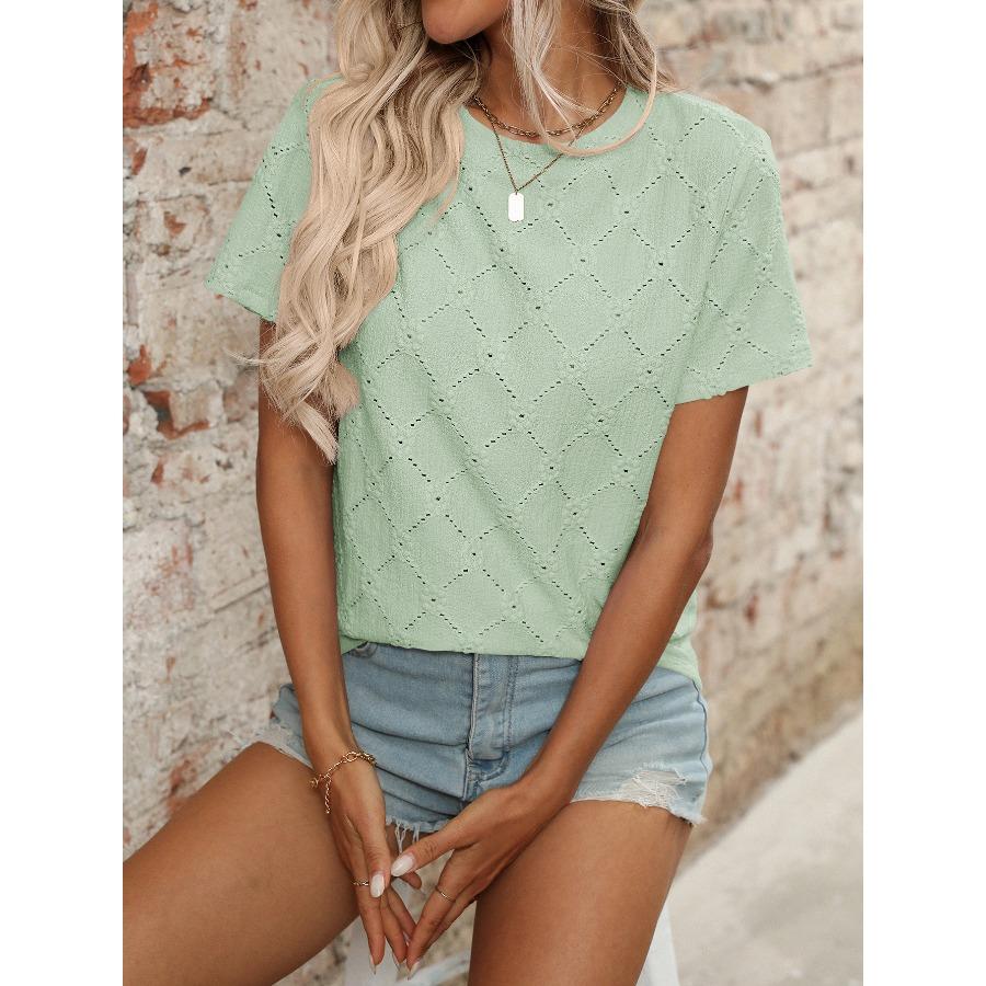 Summer Round Neck Short Sleeved Imitation Embroidery Flower Jacquard Top T-shirt for Women Shirt
