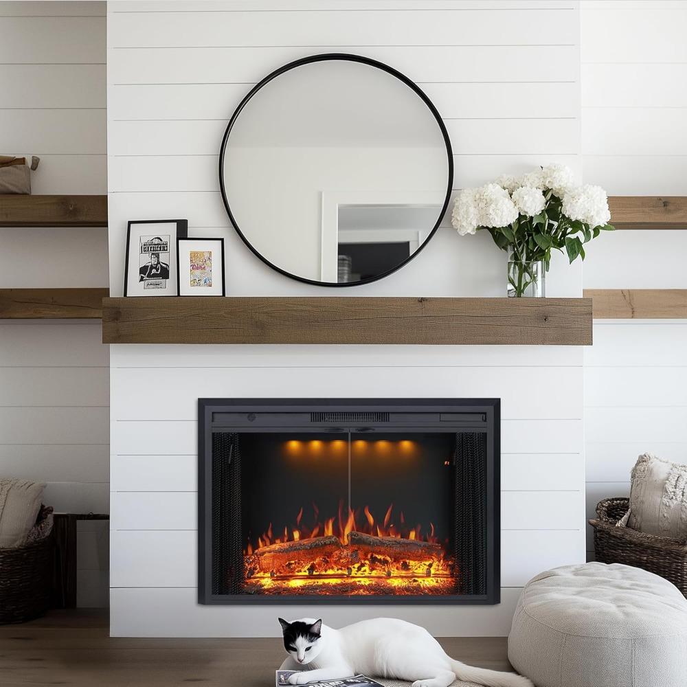 Valuxhome 35.63” W 27.5 H Electric Fireplace Insert with Low/High Temperature Settings, Movable Mesh Screen and Glass Door, 1-9H