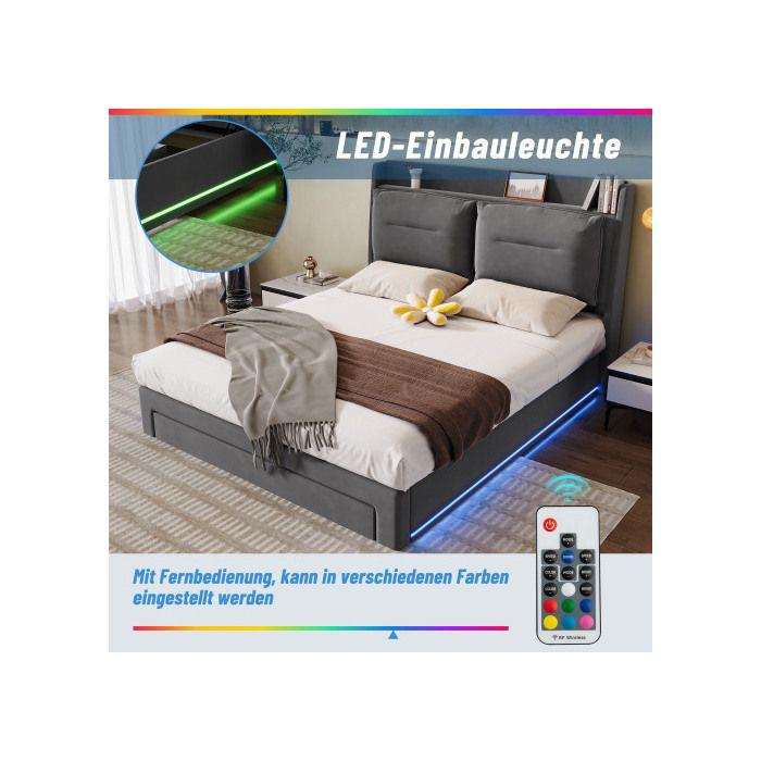 Postel - MUVOE - 180x200 - Polstrovaná - Nastavitelná LED - Úložné zásuvky 2 v 1