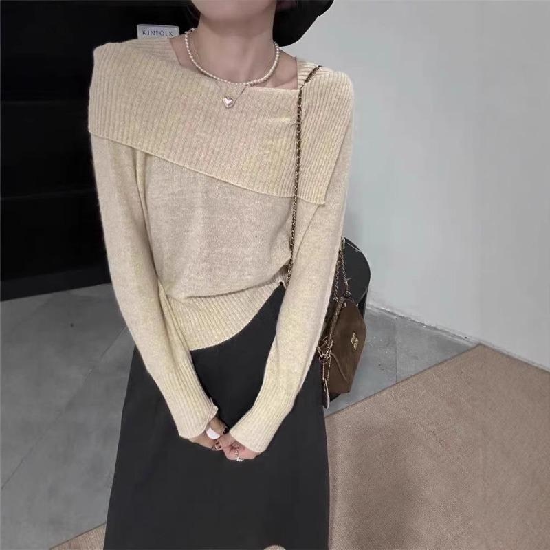 Design sense one-word shoulder thin knitted bottoming shirt women's autumn and winter new fashion solid color inner pullover sweater