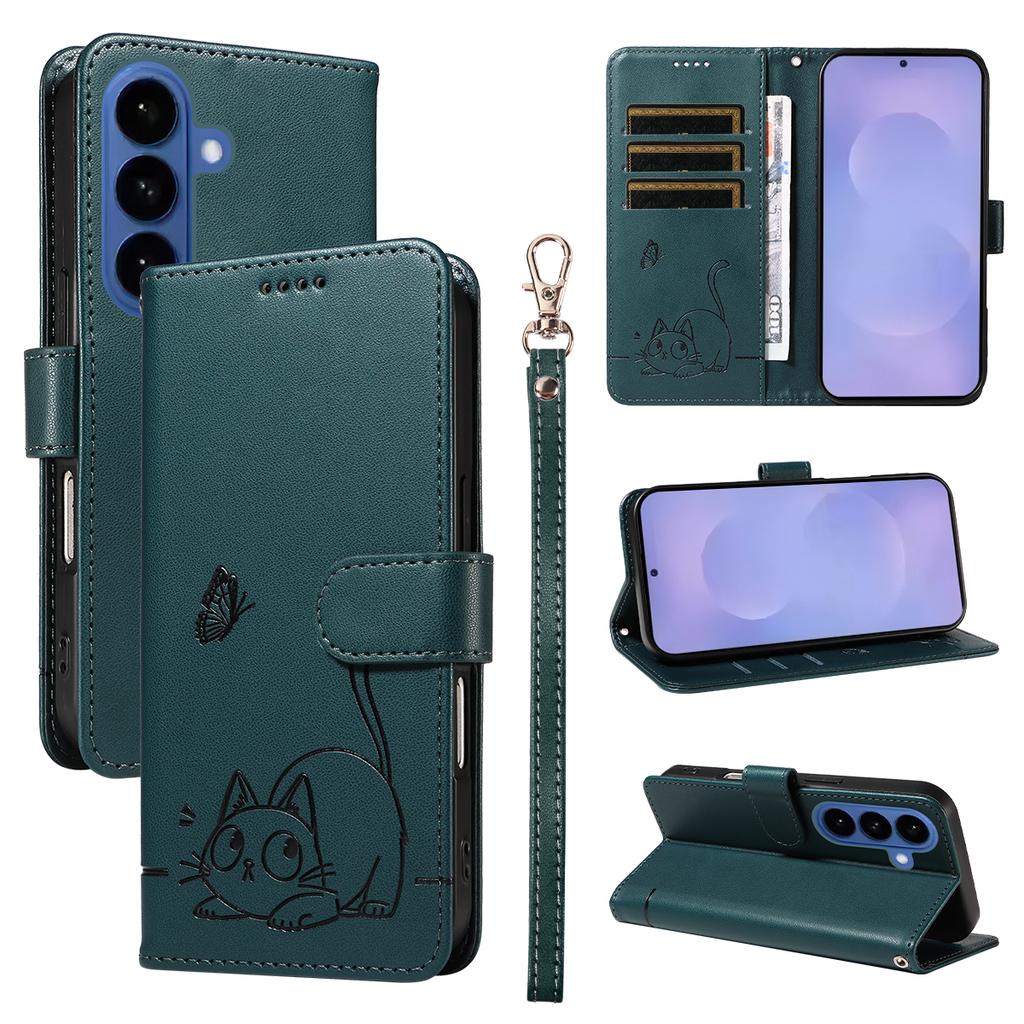 Magnetic Card Solt Wallet Leather Embossed Little Cat Phone Case For Samsung S26 Ultra S25 Plus A16 A57 A17 A07 Bag Pocket Cover